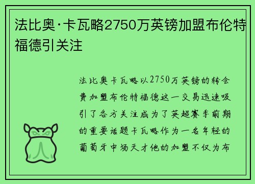 法比奥·卡瓦略2750万英镑加盟布伦特福德引关注